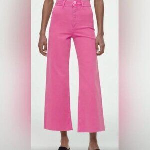 Zara Marine Straight Wide Leg Hot Pink Raw Hem Denim Jeans High Waist Size 2